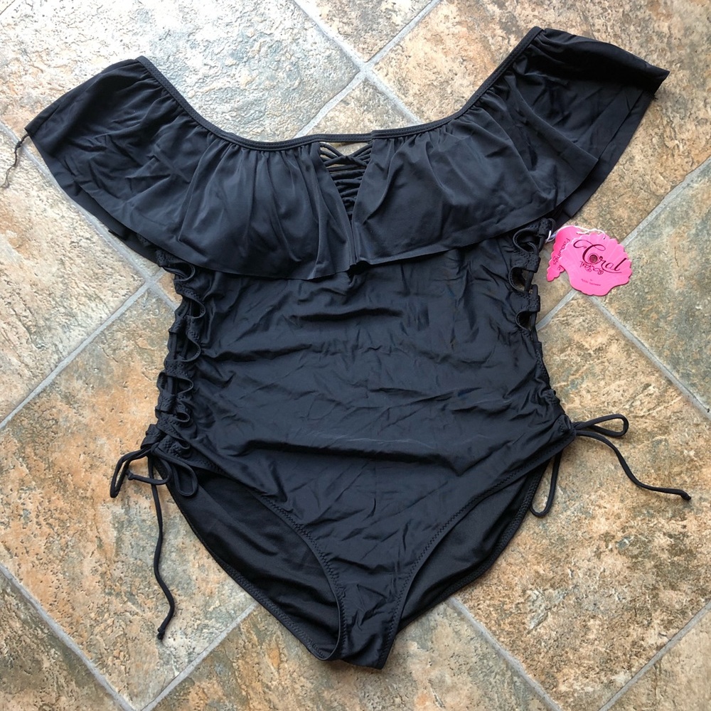 Black Off the Shoulder Lace Up One Piece S…